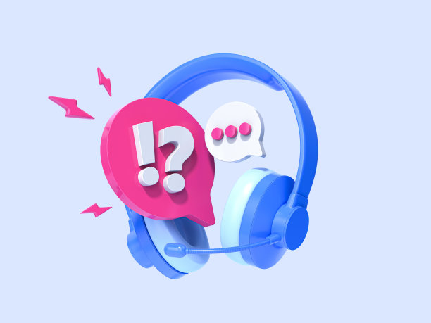 带有信息和问号的3D耳机。客户支持。热线服务提供帮助和常见问题。耳机带有语音气泡。卡通创意设计图标孤立在蓝色背景上。三维渲染图片下载