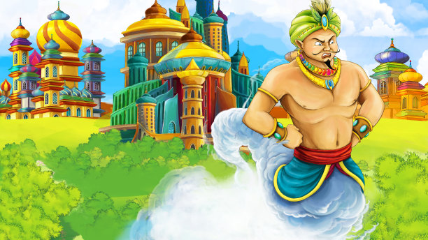 中世纪阿拉伯王国王子或国王旅行遭遇魔术师的卡通场景-远东装饰品-舞台用途不同-儿童插画图片下载