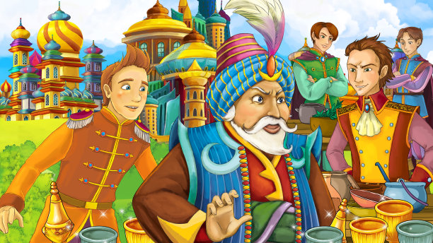 中世纪阿拉伯王国王子或国王旅行的卡通场景-远东装饰品-舞台用途不同-儿童插画图片下载