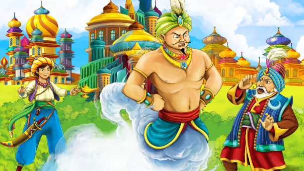 中世纪阿拉伯王国王子或国王旅行遭遇魔术师的卡通场景-远东装饰品-舞台用途不同-儿童插画图片下载