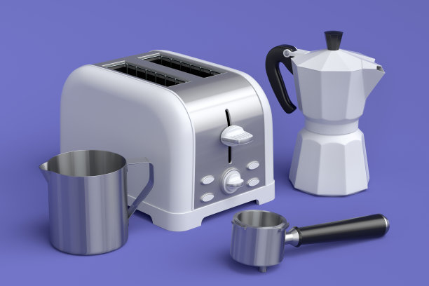 烤面包机，咖啡机喇叭和间歇泉咖啡机在紫罗兰色背景。图片下载