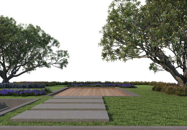 3D渲染花园和大型树木在白色背景图片下载