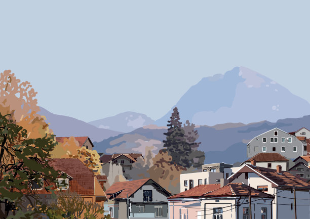 风景如画的舒适城市，山前有小房子图片下载