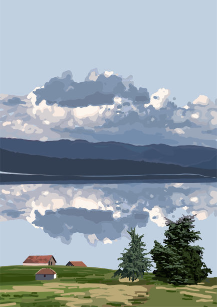 从湖岸到群山的风景如画，在蓝色多云的天空下图片下载