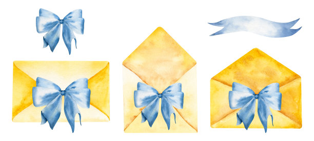 带有蓝色蝴蝶结和彩带的水彩信封。手绘插图组成。图片下载