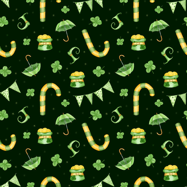圣帕特里克节水彩图案。无缝模式与插图糖果手杖，帽子与硬币，妖精靴子，伞和旗帜。图片下载