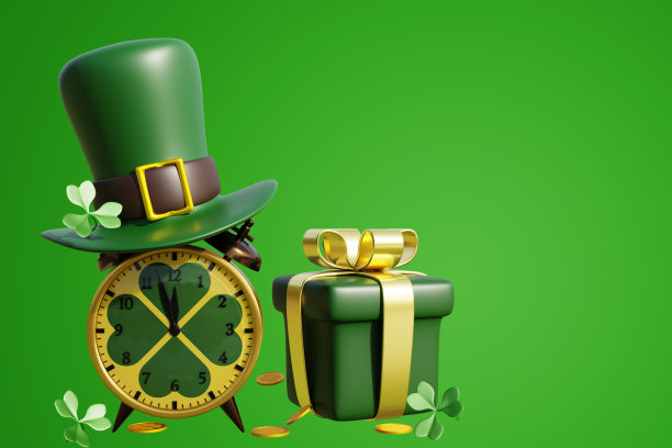 圣帕特里克节。小妖精帽子上的闹钟和绿色背景的礼品盒。三维渲染图片下载