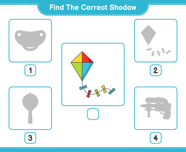 找到正确的阴影。找到并匹配风筝的正确影子。教育儿童游戏，可打印的工作表，矢量插图图片下载