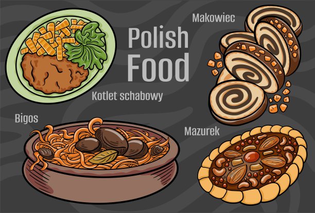 波兰的食物。一套经典菜肴。卡通手绘插图。图片下载
