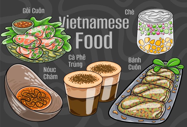 越南菜。一套经典菜肴。卡通手绘插图。图片下载