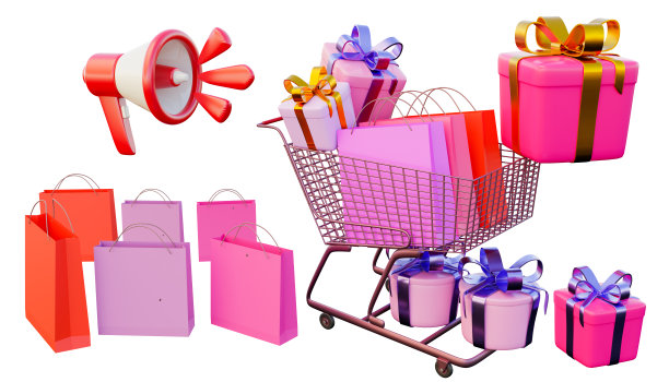 三维插图的扩音器，购物袋，购物车和礼物图片下载