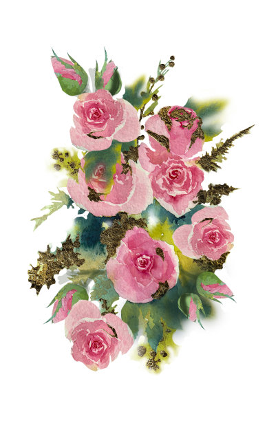 水彩玫瑰花束。美丽的水彩画玫瑰和什锦碎片。一个伟大的想法，明信片的妇女节，婚礼，复活节和生日礼物，背景。杂志、包、箱子、礼物、明信片等上都有插图图片下载