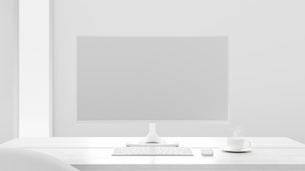 白色办公桌上的电脑模型和白色办公室里的咖啡杯。图片下载