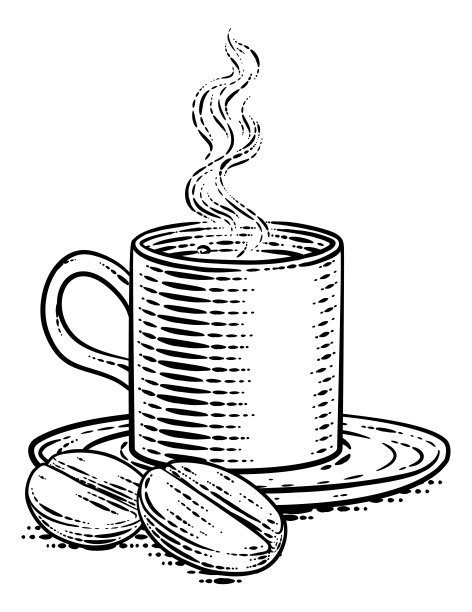 咖啡豆和杯子复古木刻插图图片下载