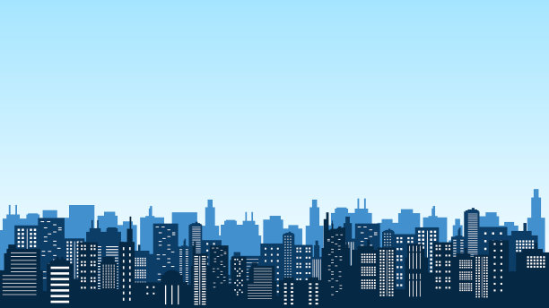 白色和蓝色的天空背景与城市的高楼剪影图片下载