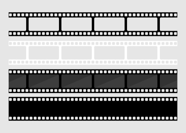白色背景上四种设计的薄膜条。薄膜条概念。电影之夜。电影行业。矢量插图。图片下载