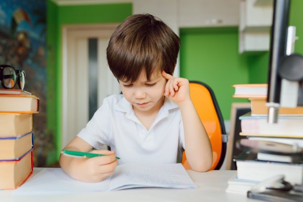 男孩在家里学习，做作业。远程教育，在线教育。图片下载