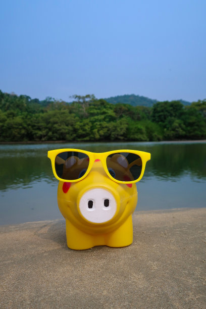 塑料图片，黄色的储蓄罐带着红色斑点，戴着太阳镜，看着相机，坐在沙滩上，退潮时的海水边缘，沿海背景，假日财务和储蓄概念，复制空间图片下载