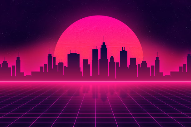 数码复古景观，80年代复古梦幻背景。霓虹灯背景图片下载