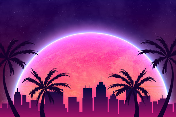 数码复古景观，80年代复古梦幻背景。霓虹灯背景图片下载