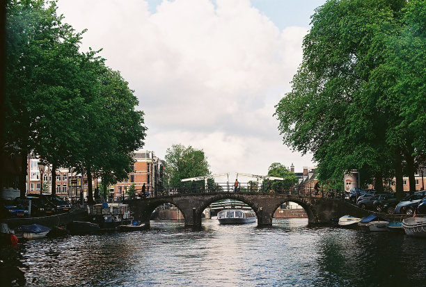 春天的阿姆斯特丹。欧洲。小镇。荷兰。扫描胶片照片。照片上有灰尘和划痕。图片下载