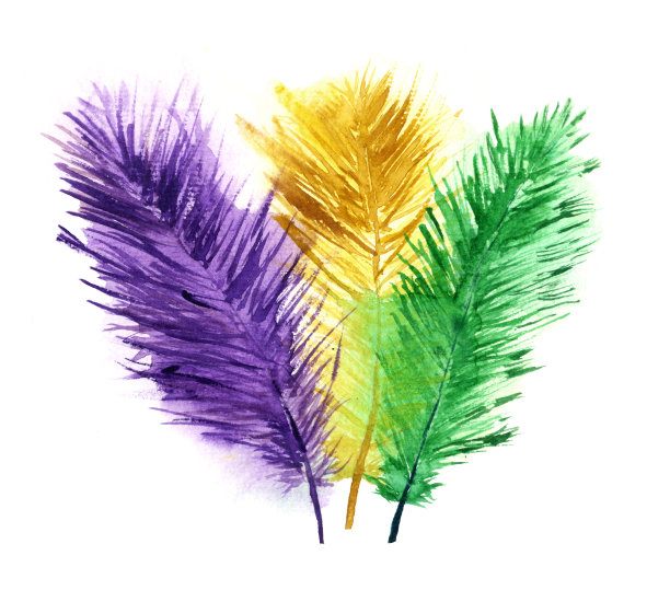 水彩画狂欢节羽毛，紫色、黄色、绿色，手绘，法国传统的狂欢节标志。图片下载