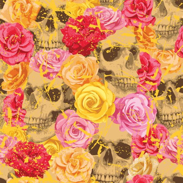 无缝模式与人类头骨和玫瑰图片下载