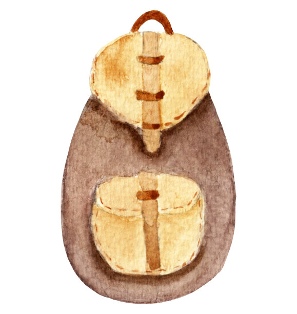 水彩插画，棕色背包，学生，游客配件。元素被隔离在白色背景上。图片下载