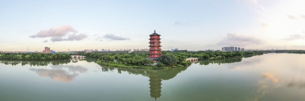 中国广东东莞华阳湖湿地公园日出美景的航拍照片图片下载