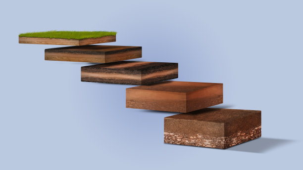 等距土层图，绿草和下面的地下土层横切面，有机层，矿物层，砂层，粘土层，等距土层图片下载