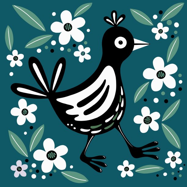 大胆的黑色风格的鸟与图案的胸部，尾巴和头部羽毛。放在明亮的紫色背景上，白色的花朵和绿色的叶子。图片下载