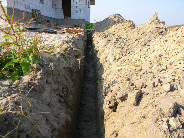 挖掘房屋污水管道的地沟：用于铺设管道或光纤的土方工程图片下载