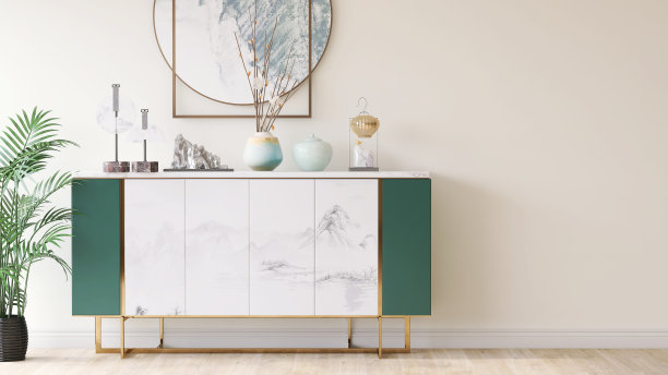 现代，现代，极简的白色橱柜，门上有中国风格的绘画，金色的钢腿，瓷花瓶，棕榈树和墙壁艺术，从空白的白色墙壁上的窗户照进来图片下载