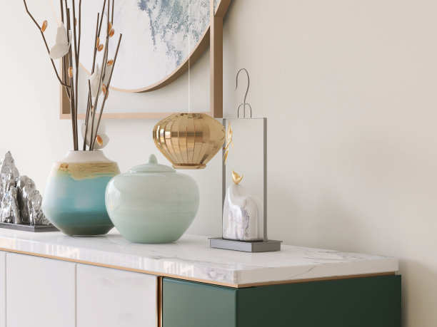 现代，当代，极简的白色，绿色，金色橱柜，大理石顶部，玻璃花瓶，瓷器，中国风格的装饰墙艺术项目，阳光从空白的白色墙壁上的窗户照射进来图片下载