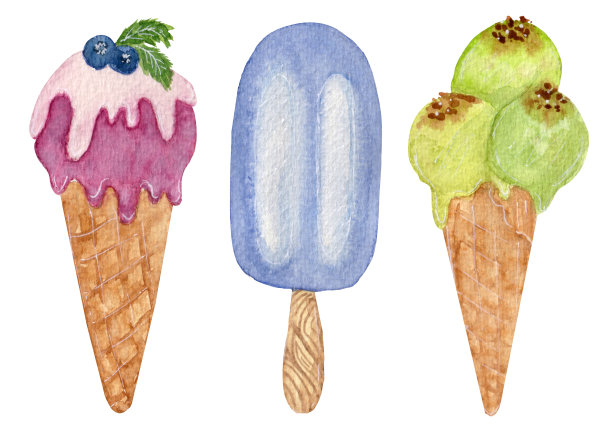 明亮的水彩夏日系列与不同的冰淇淋，孤立在白色的背景。图片下载