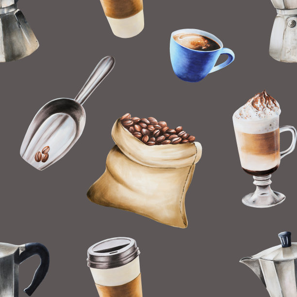 水彩无缝模式与咖啡制作工具。拿铁，浓缩咖啡，美式咖啡。手绘在孤立的背景。为设计师，菜单，商店，酒吧，小酒馆，餐厅，明信片，包装纸，封面。海报及纺织品图片下载