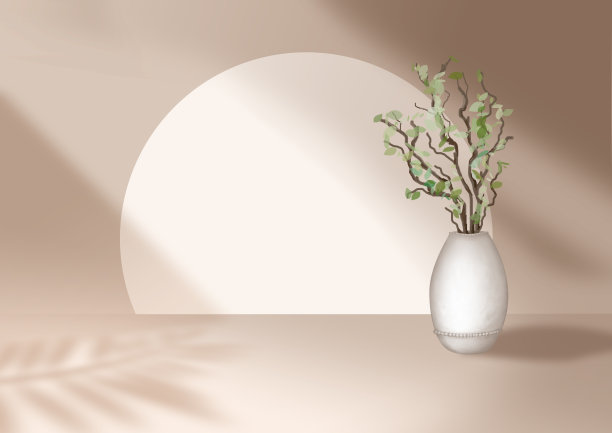 抽象几何形状米色极简场景与花瓶和绿色的离开。化妆品或产品标识背景设计。3 d渲染。图片下载