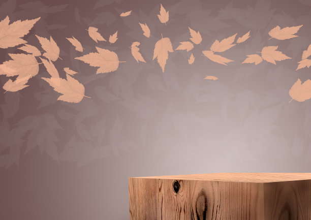 木质展示平台。3 d背景。背景中的落叶。3D渲染图片下载