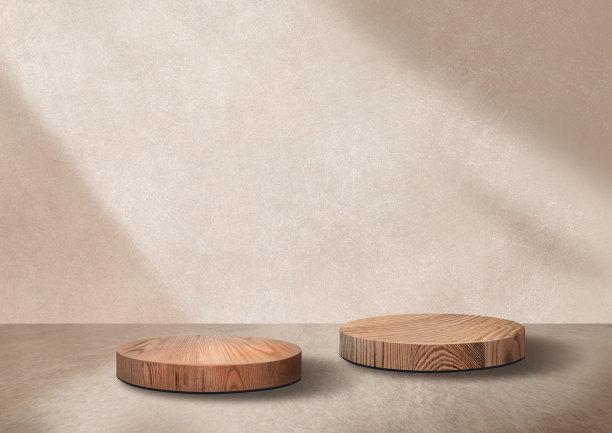 木质展览平台。棕色背景，3D渲染图片下载