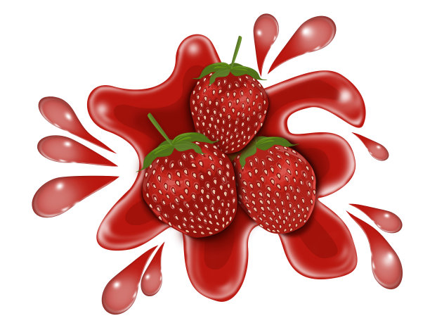 三颗新鲜草莓，淋上草莓汁。图片下载