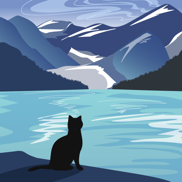 风景与猫附近的湖背景。矢量插图。图片下载