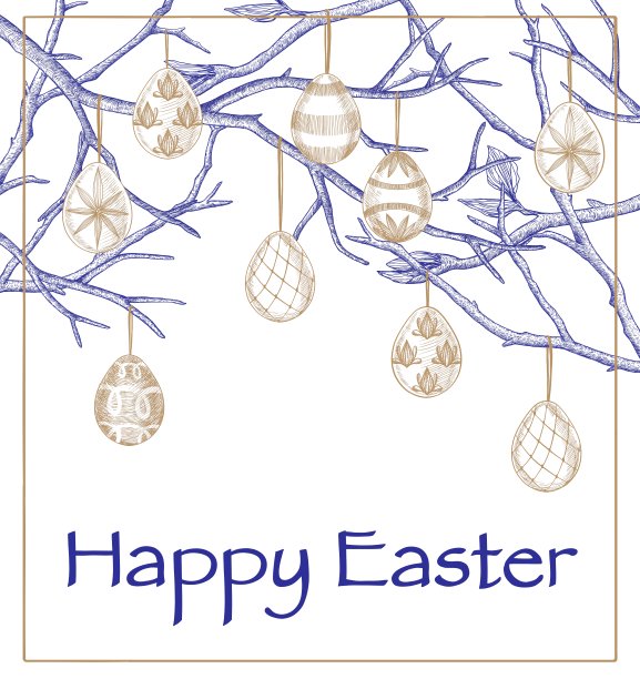 复活节卡片。树枝和复活节彩蛋。手工雕刻的风格图片下载