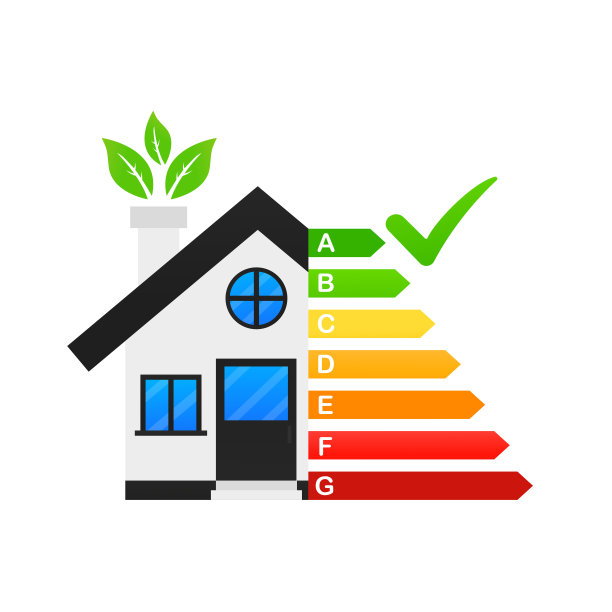 一个房子的能源效率评级的创意插图。智能生态住宅的艺术设计。抽象概念图形元素的认证体系带有一个复选标记。矢量图图片下载
