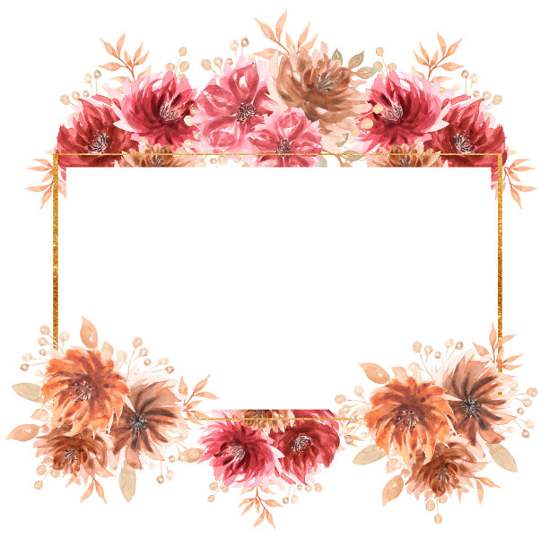 水彩红色鲜花和金色框架剪贴艺术，珊瑚花情人节卡片，精致的牡丹花，爱情日庆祝，母亲节插图，婚礼邀请，卡片设计，标志图片下载