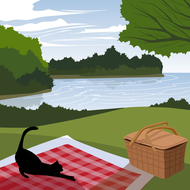 公园里一只懒猫的风景。矢量插图。图片下载