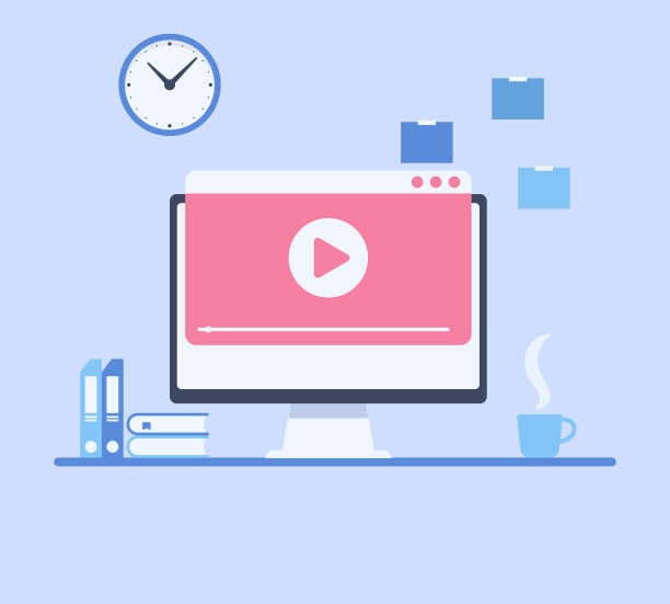 现代工作场所，在电脑上工作，屏幕上有视频播放器。在线视频，看电影，教育资料，网络课程概念。平的插图图片下载