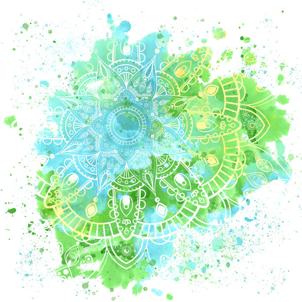 绿色手绘水彩背景与曼荼罗图片下载