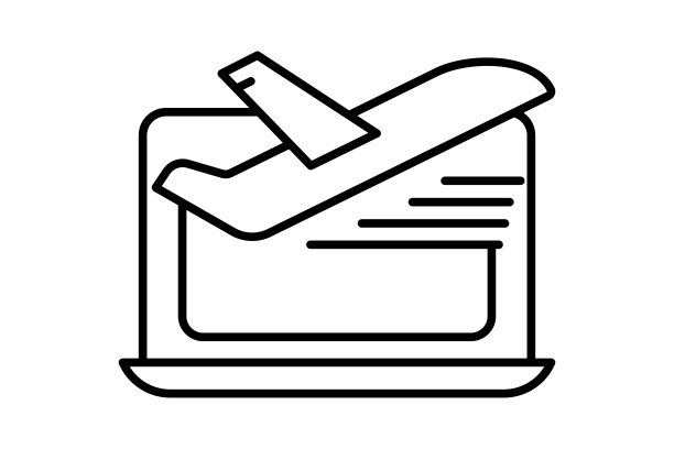 航班预订图标说明。飞机图标与笔记本电脑。图标与交通、旅游、旅行有关。线图标样式。简单的矢量设计可编辑图片下载