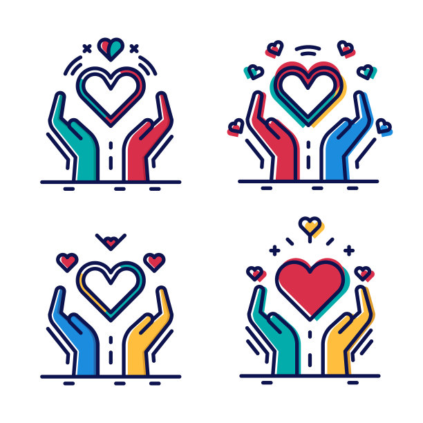 手握浮动的心与不同的图形元素和颜色。志愿者和慈善工作。社会关怀。说明帮助和贡献的概念。正基、正商、正服务。一组4个图片下载