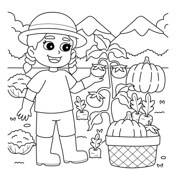 女孩种菜儿童涂色页图片下载